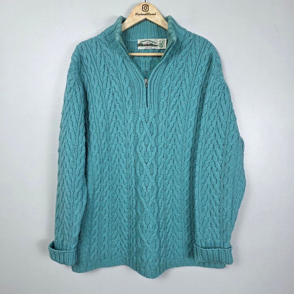 Aran Crafts Ireland Wool Cable Knit Quarter Zip 100% Merino Sweater Turquoise XL